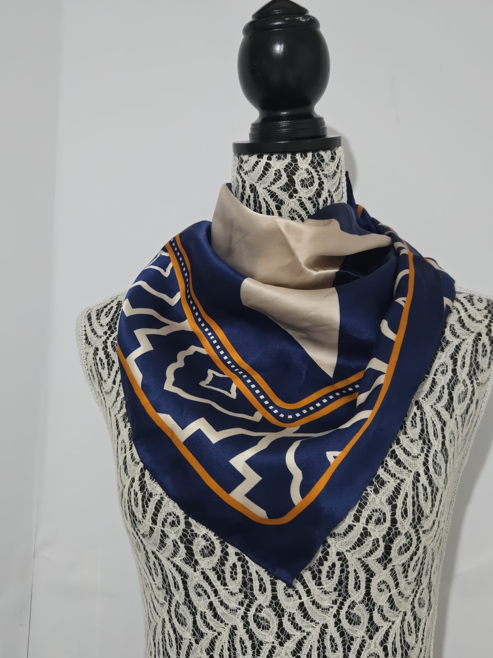 Silk-Feel Navy & Beige Geometric Scarf with Orange Trim